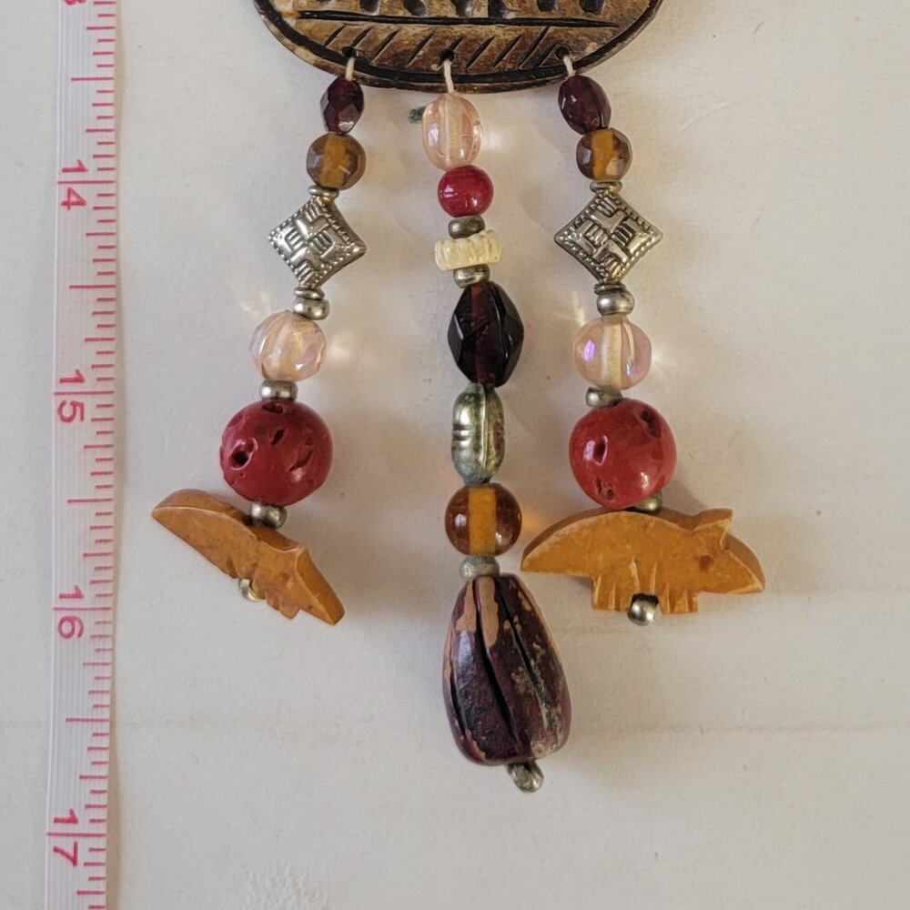 Vintage Multi‑Strand Beaded Necklace Stone Carved Pendant Wood Beads 17" - Picture 6 of 12
